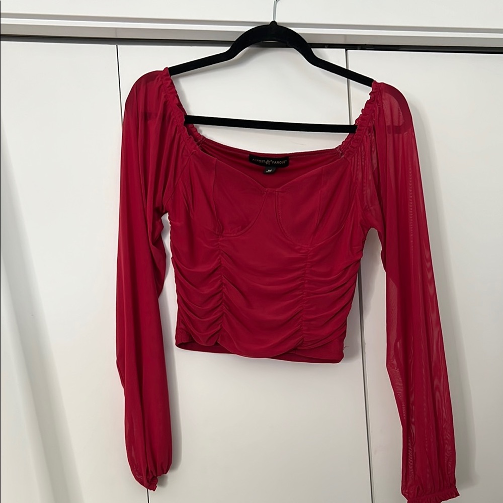 Elegant Red Ruched Top Long Sleeve Off Shoulder Bustier ruching Crop Top